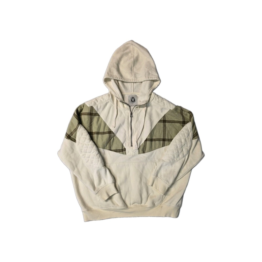 Urban Outfitters Jasper Half Zip Hoodie Cream Olive Green Plaid Quilted Size M